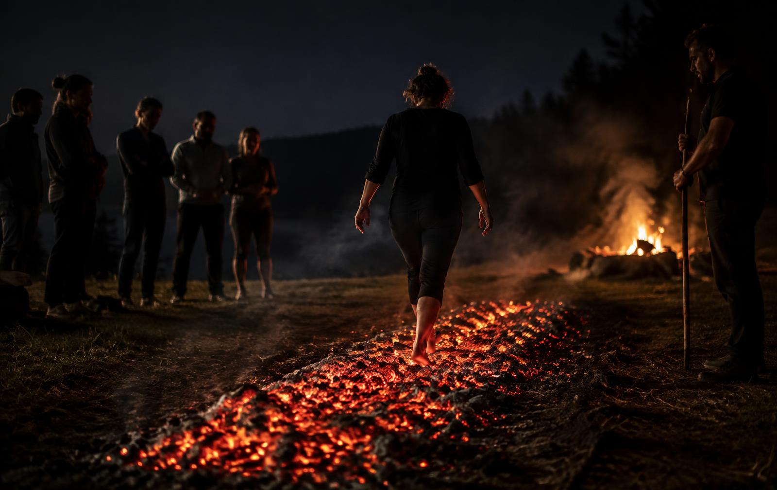 A small group taking part in a firewalk over glowing embers at night